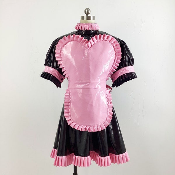 Heart Apron Headband Fluffy Puff Sleeve Mini Maid Dress Shiny PVC Cosplay Costume