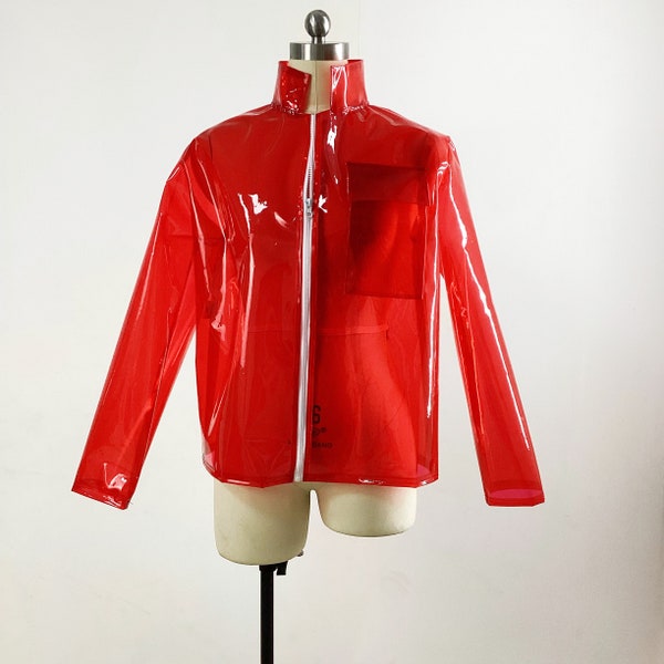 PVC See-through Jacket With Packet Transparency Lapel Neck Front Zip Perspective Short Coat Party Club Costumes 7XL