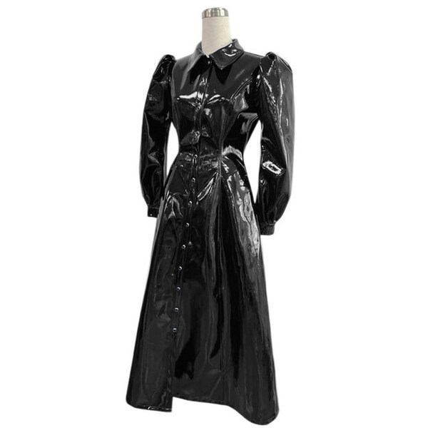 Shiny PVC Single Breasted A-line Long Dresses Turn-down Collar Dinner Dress