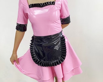 Womens Lace Trim Maid Short Sleeve Clubwear PVC Dress with Apron