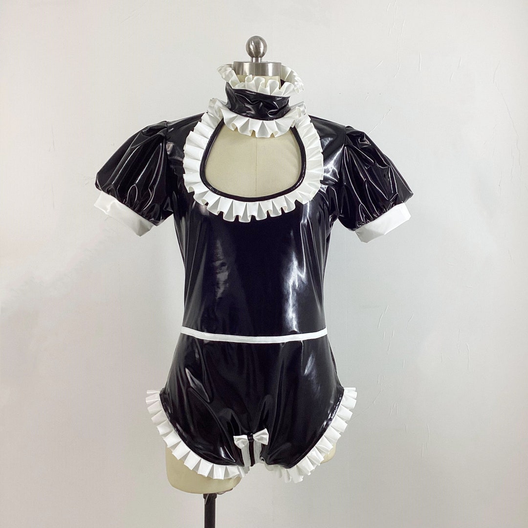 Hollow Out Zip Bodysuit PVC Short Puff Sleeve Ruffles Rompers Party
