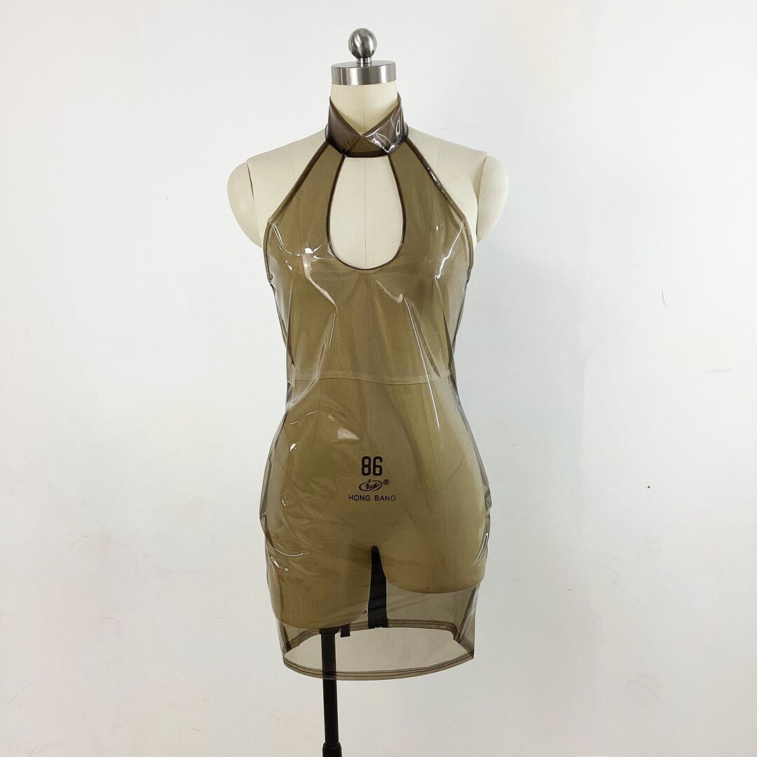 Woman Shiny Clear Pvc Dress Neckmounted Transparent Pvc Plastic Slim