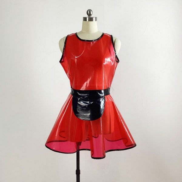 Clear PVC Colorful Tank A-line Dreess Waterproof Transparent with Apron Mini Flared Dress Cosplay Custom