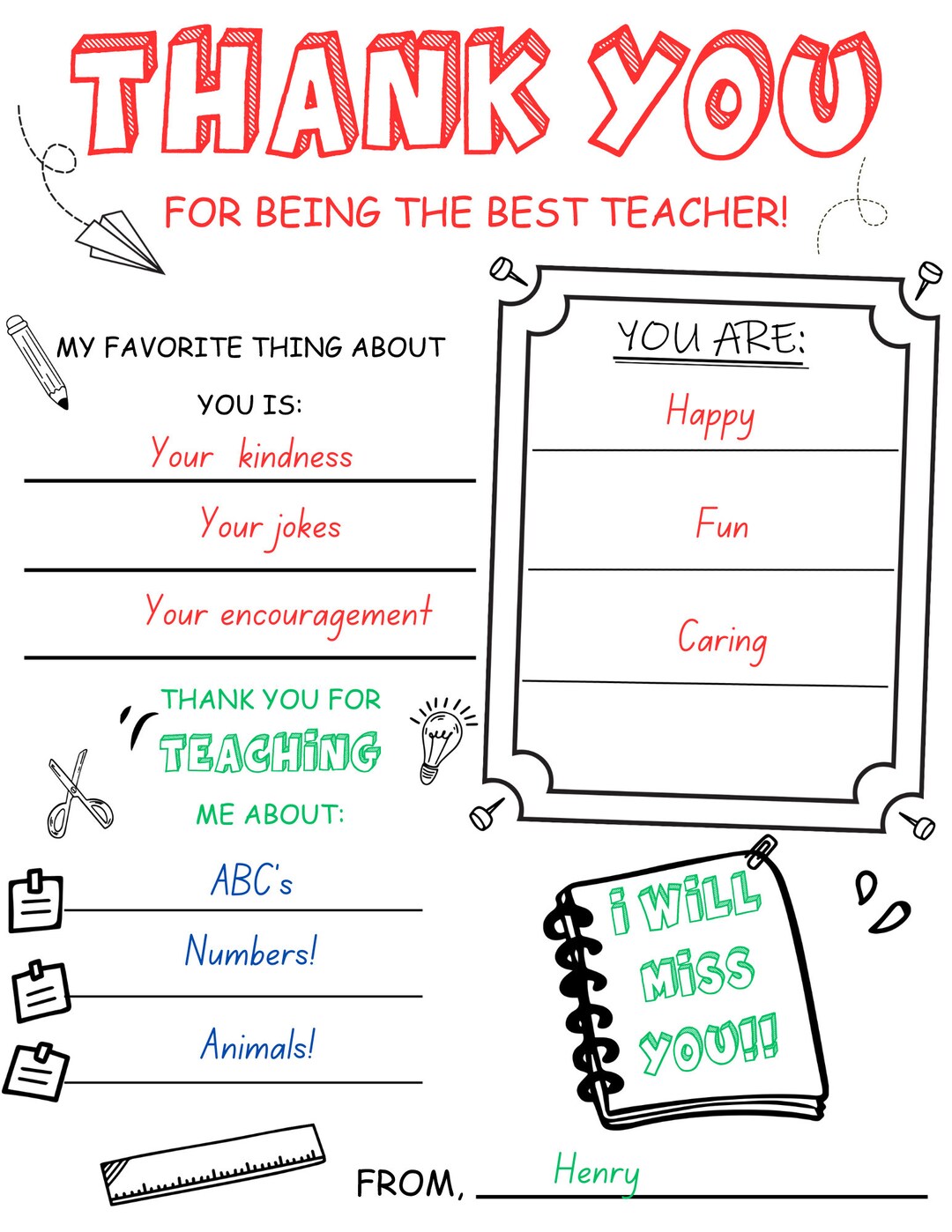 Teacher Printable Thank You Letter Teacher Gift Teacher Etsy