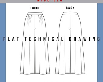 Technical Drawing Woman Pant Wide-Leg, Flat Pant Vector, Illustrator Vector