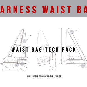 Waist Bag Tech Pack Technical Drawing, Harness Bag Flat Sketch Ai Editable Vector