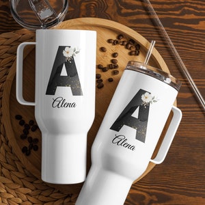 Taza de viaje personalizada con nombre de letra con asa, regalo personalizado con nombre, taza personalizada de 40 oz con asa y pajita