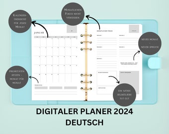 Digitaler, deutscher Planer 2024 | Kalender 2024 zum downloaden | Jahresplaner + Monatsplaner + viel Platz für Notizen