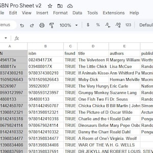 May include: A screenshot of a Google Sheets spreadsheet titled "ISBN Pro Sheet v2." The spreadsheet shows book data, including ISBN, title, author, publisher, and publication date. The data is organised in columns and rows.