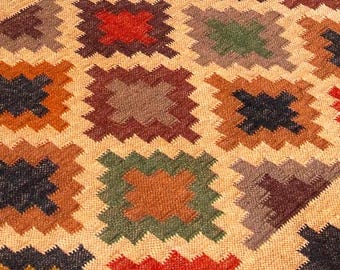 Handmade Wool Kilim Jute Rug Traditional Kilim Carpet Turkish Flatweave Navajo Style Bohemian Rug Indian Dhurrie Rug Eco Friendly Jute Rug