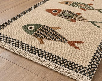 Handmade Wool Jute Fish design Runner Rug Beige and Green Kilim Rug custom Rug For Hallway Rug Bedroom Rug boho  Kitchen Runner Rug Area Rug