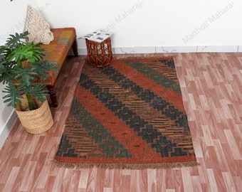 Mooie Multi Color Wol Jute Rug Handgemaakt, Kilim Dhurrie Rug, Traditionele Indiase/WOL JUTE TAPIJTEN, Aangepast formaat beschikbaar