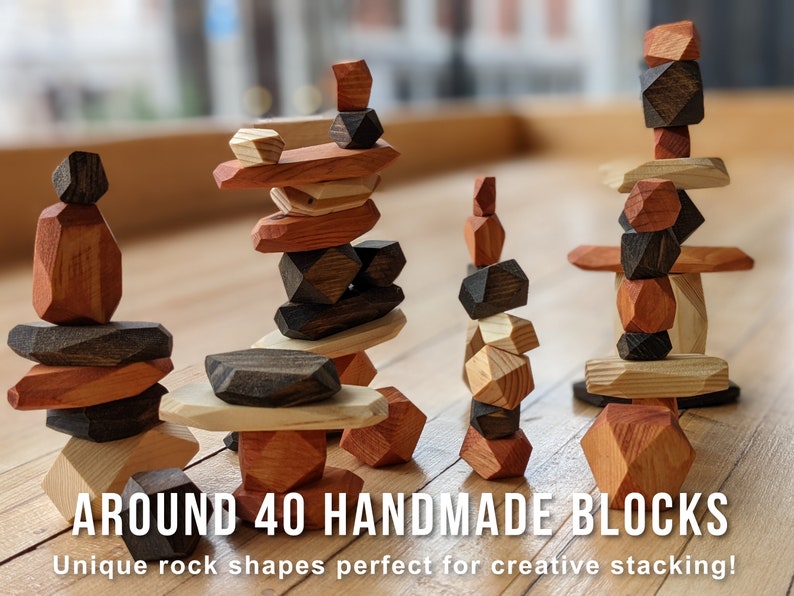 Wooden Stacking Stones: Rock Blocks Game With Bamboo Jar - Etsy