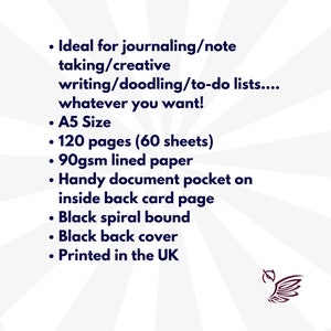 May include: A5 size notebook with a black spiral binding and a black back cover. It has 120 pages (60 sheets) of 90gsm lined paper and a handy document pocket on the inside back card page. It is printed in the UK.