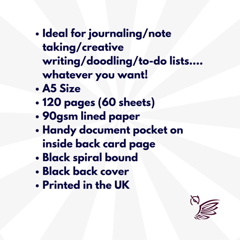 May include: A5 size notebook with a black spiral binding and a black back cover. It has 120 pages (60 sheets) of 90gsm lined paper and a handy document pocket on the inside back card page. It is printed in the UK.