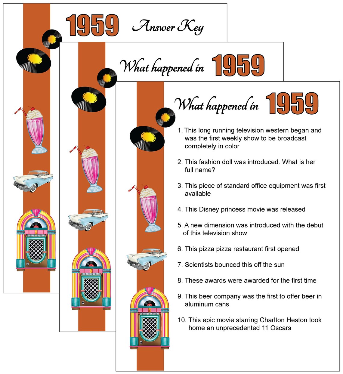 1959 Birthday Party Trivia Game - Birthday, Anniversary, Graduation ...