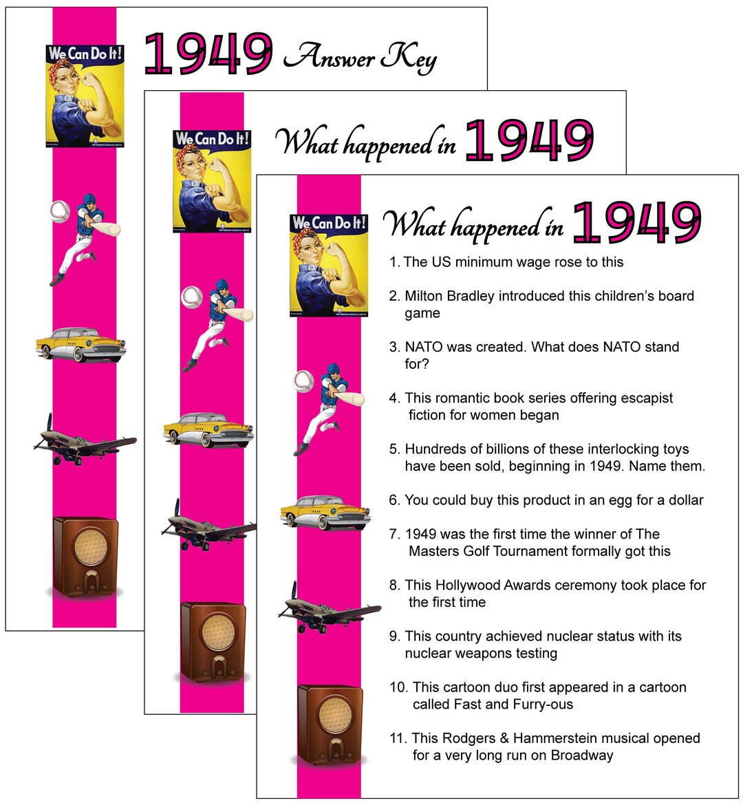 1949 Birthday Party Trivia Game - Birthday, Anniversary, Graduation ...