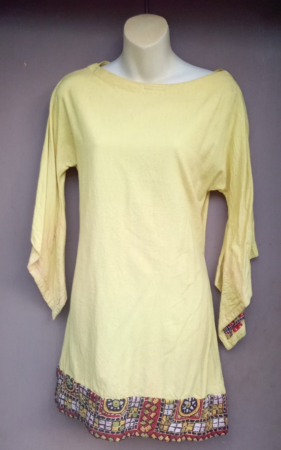 Vintage 1960's 70's Yellow Embroidered Tunic Mini 