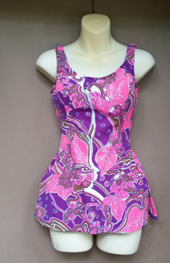 Vintage 1970's Catalina Purple and Hot Pink Swims… - image 1