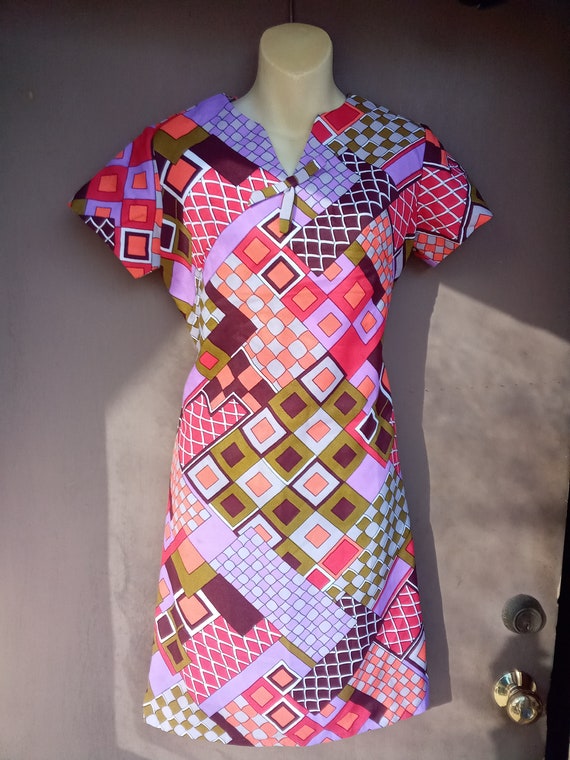 Vintage 60's 70's Colorful Mod Dress, Handmade
