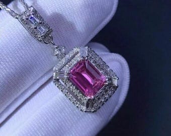 3.00 Ct Emerald Pink Sapphire Double Halo Pendant 14K White Gold Finish Free Chain, wives,sisters,friends