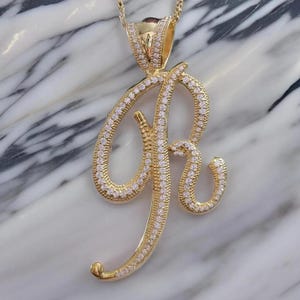 1.00 Ct Round Cut Real Moissanite Letter _R_ Pendant 14K Yellow Gold Plated Silver  Silver No Cain