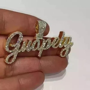 3.00 Ct Round Cut Real Moissanite Customize Name Pendant 14K Yellow Gold Plated Birthday Gifts