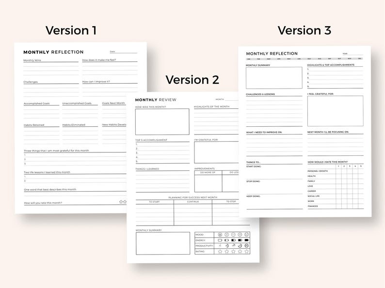 Monthly Reflection Printable Bundle: Review, Evaluation, Summary, Personal Growth, Self Improvement, Fillable image 3