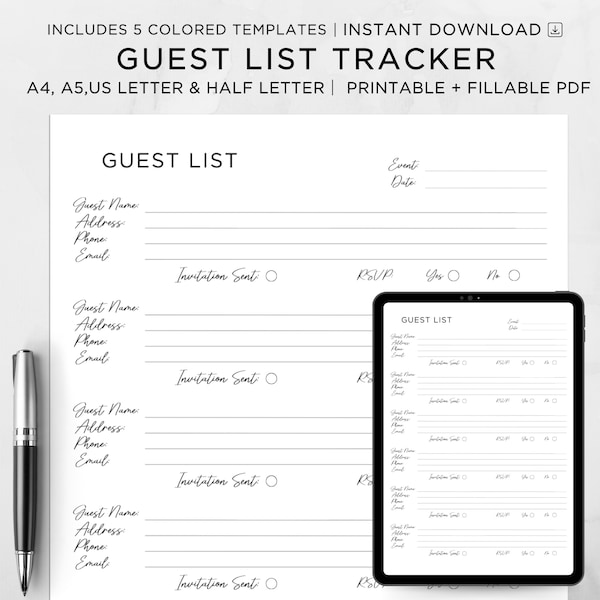 Guest List Template, Guest List Tracker, Party, Events, Birthday & Wedding Guest List, Guest List Printable, Editable Guest List,Adress,RSVP