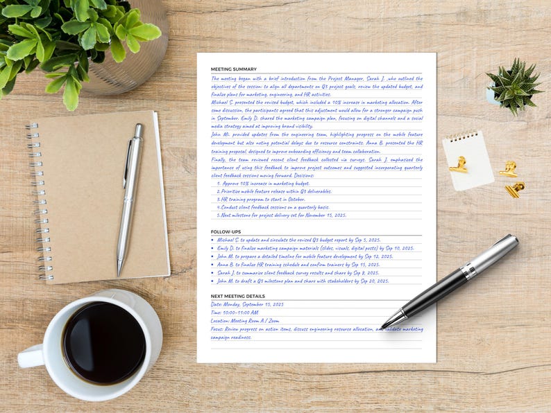 May include: A workspace scene featuring a meeting summary document, a notepad, a pen, a coffee cup, and small potted plants. The document details project updates. The pen is silver and black. The notepad is spiral-bound.