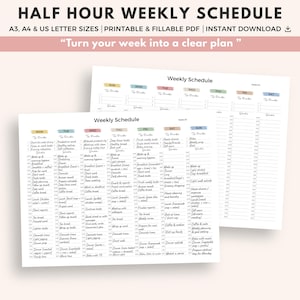 Half Hour Weekly Schedule: Minimalist, Pastel Weekly Planner, Printable, Fillable Pdf
