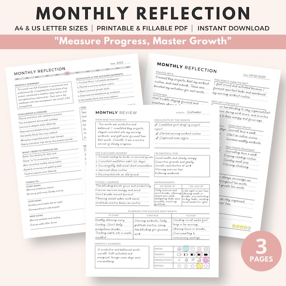 Monthly Reflection Printable Bundle: Review, Evaluation, Summary, Personal Growth, Self Improvement, Fillable