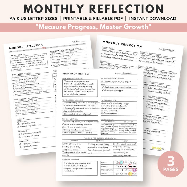 Monthly Reflection Printable Bundle: Review, Evaluation, Summary, Personal Growth, Self Improvement, Fillable image 1