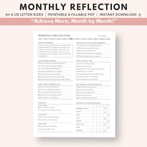 Monthly Reflection Planner: Self-Growth Review, Printable & Fillable PDF