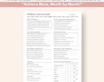 Maandelijkse reflectieplanner: beoordeling zelfgroei, afdrukbare en invulbare pdf