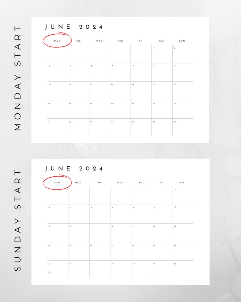 Minimalist 2024 Calendar, 2024 Monthly Planner, Sunday & Monday Start