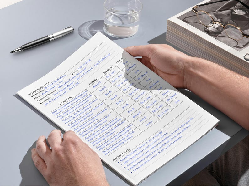 May include: A meeting action plan document with handwritten notes in blue ink. The document is held by a person and includes sections for action steps, deadlines, and assignees. A pen and a glass of water are on the table.