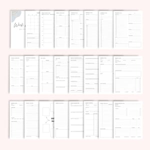 May include: A set of white planner pages with diverse layouts for weekly, monthly, and project planning. The pages feature sections for goals, to-do lists, and schedules. The cover page has the word "Work" and a watercolour design.