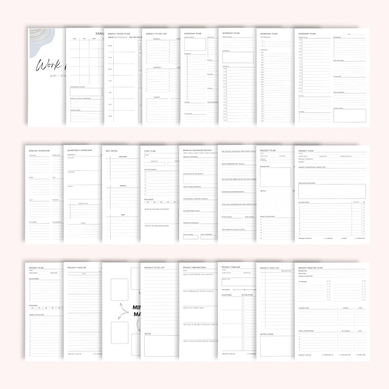 May include: A set of white planner pages with diverse layouts for weekly, monthly, and project planning. The pages feature sections for goals, to-do lists, and schedules. The cover page has the word "Work" and a watercolour design.