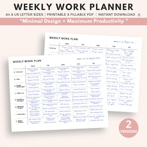 May include: A weekly work planner with a minimalist design, available in A4 and US letter sizes. The printable and fillable PDF includes sections for to-do lists, calls, emails, follow-ups, meetings, and reminders. The planner is designed for maximum productivity.