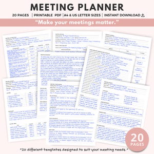 Afdrukbaar vergaderplanner: agenda, notulen, notities (A4 en pdf US Letter)