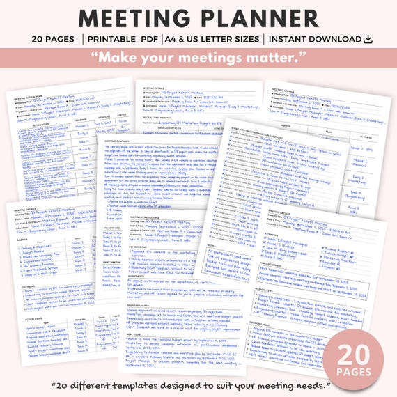 Meeting Planner Printable: Agenda, Minutes, Notes (A4 & US Letter PDF)