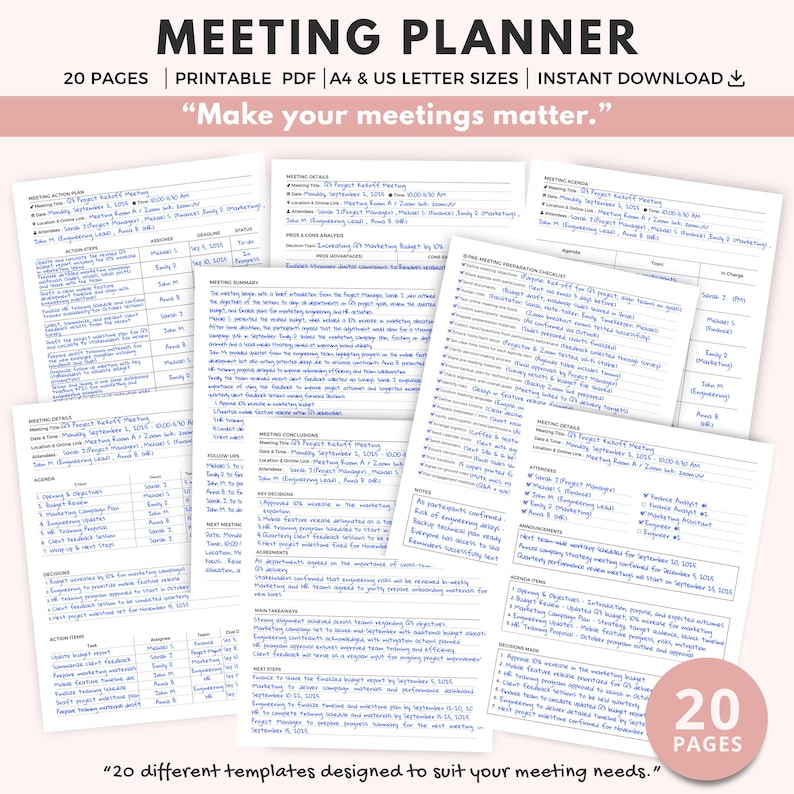 Meeting Planner Printable: Agenda, Minutes, Notes (A4 & US Letter PDF) image 1