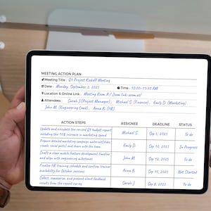 May include: A tablet showing a meeting action plan. The plan includes the meeting title, date, time, location, attendees, action steps, assignee, deadline, and status. The tablet is held by a person.