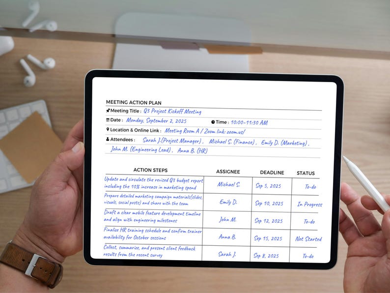 May include: A tablet showing a meeting action plan. The plan includes the meeting title, date, time, location, attendees, action steps, assignee, deadline, and status. The tablet is held by a person.