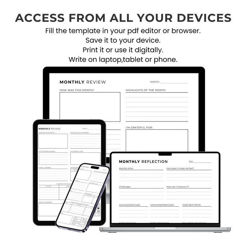 Monthly Reflection Printable Bundle: Review, Evaluation, Summary, Personal Growth, Self Improvement, Fillable image 2