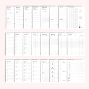 May include: A set of white planner pages with diverse layouts for organisation. Includes sections for meeting details, contact lists, email lists, and project planning. The pages are designed with a minimalist aesthetic, featuring lines and grids for structured note-taking.