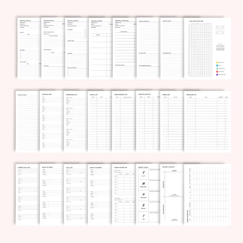 May include: A set of white planner pages with diverse layouts for organisation. Includes sections for meeting details, contact lists, email lists, and project planning. The pages are designed with a minimalist aesthetic, featuring lines and grids for structured note-taking.