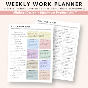 Könnte beinhalten: Ein druckbarer Wochenarbeitsplaner mit minimalistischem Design. Der Planer ist in den Größen A4 und US Letter erhältlich und enthält Abschnitte für Wochenziele, vorrangige Aufgaben, Fristen und eine To-Do-Liste. Der Text "Minimal Design • Maximum Productivity" wird angezeigt.