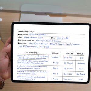 May include: A tablet displays a meeting action plan titled "Q3 Project Kickoff Meeting." The plan includes action steps, assignees, deadlines, and statuses. The date is Monday, September 2, 2025, with a time of 10:00-11:30 AM.
